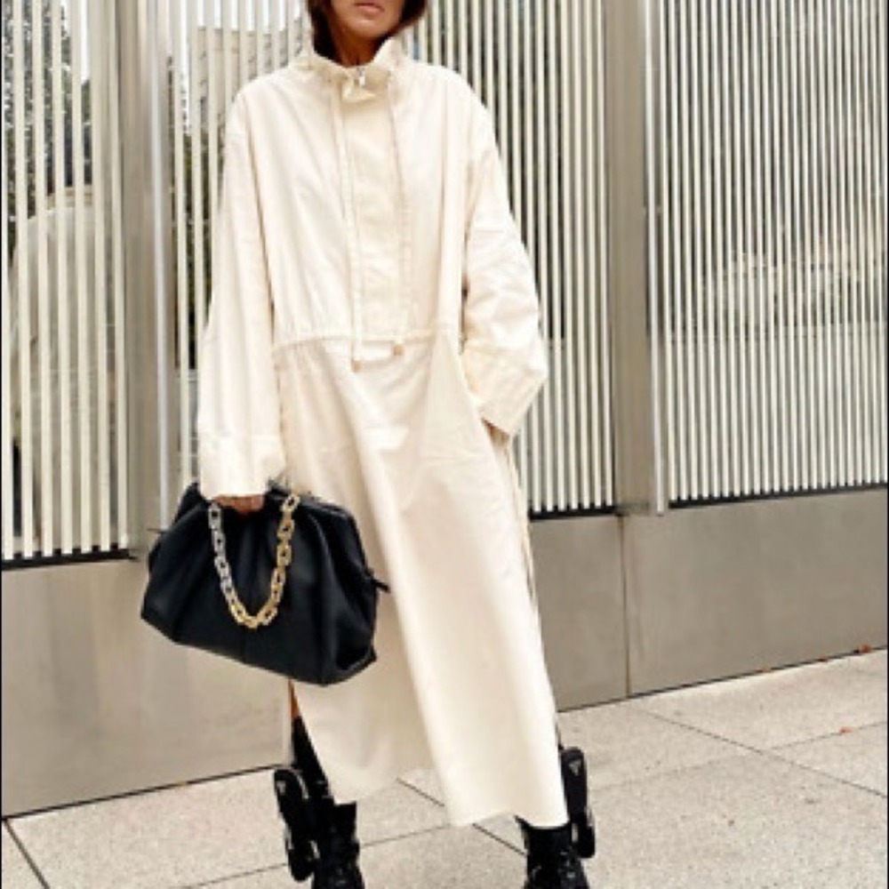 Zara Parka Off White Utility Midi Dress Zip Neck Cotton Blend Women's‎ Size XS